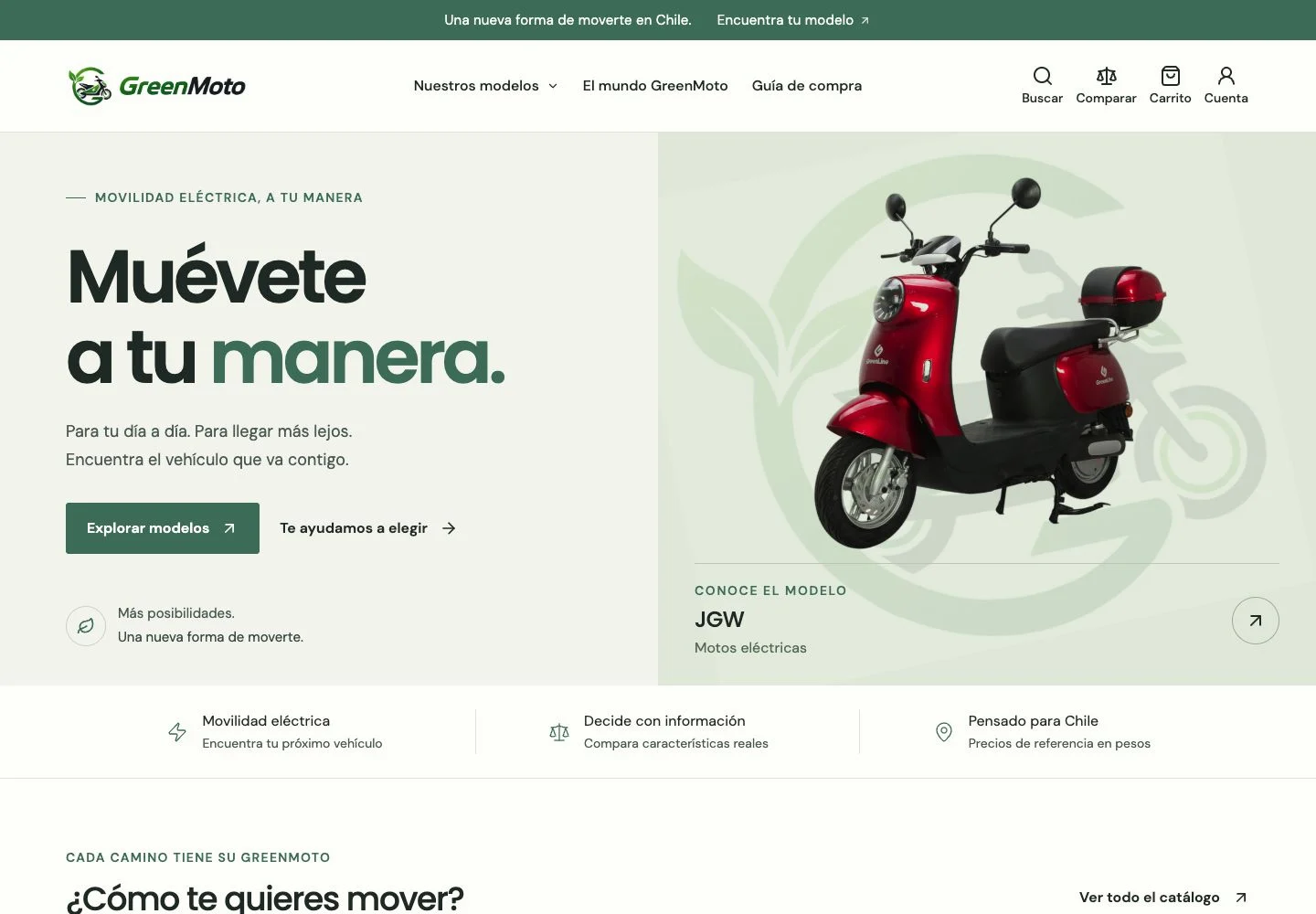 Portada de GreenMoto con una moto eléctrica roja y el mensaje Muévete a tu manera